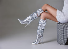 Load image into Gallery viewer, Shiny Silver Metallic Knee High Ruched Stiletto Boots