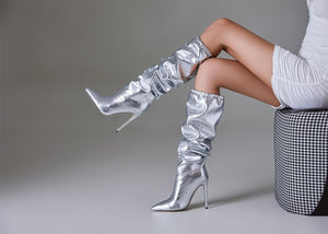Shiny Silver Metallic Knee High Ruched Stiletto Boots