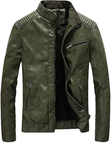 Men's Hunter Green Faux Leather Ribbed Long Sleeve Jacket