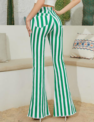 Denim High Waist Green & White Striped Pants