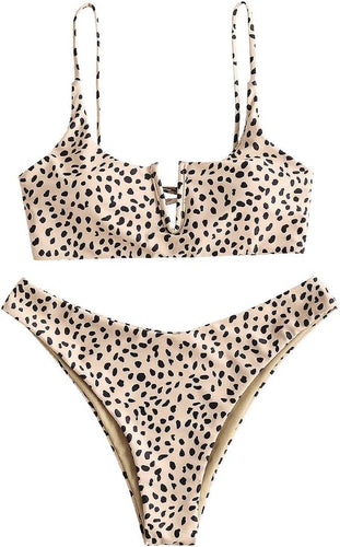 Cute Beige Dotted Print 2pc Bikini Swimwear Set