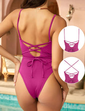 Load image into Gallery viewer, Fuschia Pink Ribbed Lace Up One Piece Ruched Padded Swimsuit