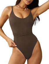 Load image into Gallery viewer, Black Ribbed Lace Up One Piece Ruched Padded Swimsuit