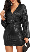 Load image into Gallery viewer, Cocktail Black Sequin Long Sleeve Wrap Mini Dress