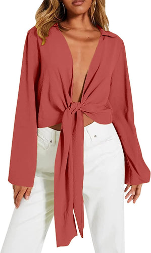 Coral Orange Deep V Bow Tied Long Sleeve Top Blouse