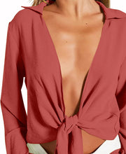 Load image into Gallery viewer, Coral Orange Deep V Bow Tied Long Sleeve Top Blouse