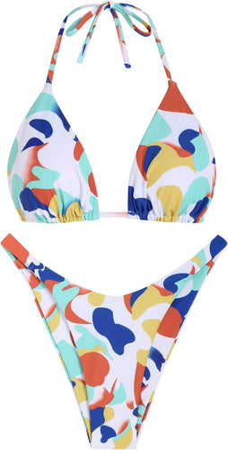 White Multi Printed High Cut Two Piece Bikini Swimsuit