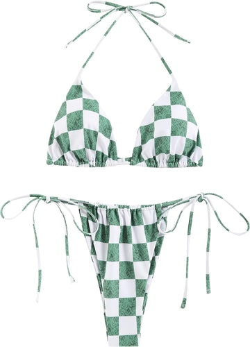 Beach Style Green Checkered Tie 2pc Bikini Swimwear Set