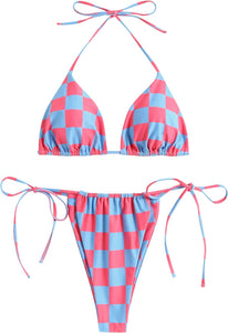 Beach Style Pink/Green Checkered Tie 2pc Bikini Swimwear Set