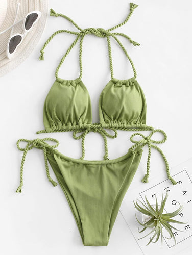 Beachy Green String Tie 2pc Bikini Swimwear Set