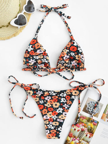 Vintage Style Floral Black 2pc Bikini Swimwear Set