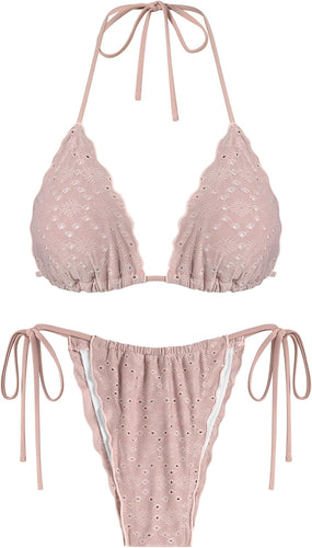 Mauve Beige Preforated Ruffle 2pc Bikini Swimwear Set