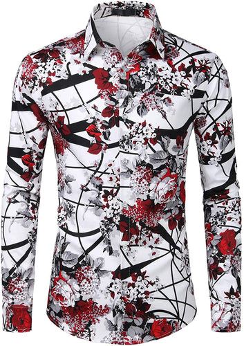 Men's White & Red Floral Slim Fit Long Sleeve Cotton Shirt