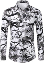 Load image into Gallery viewer, Men&#39;s White &amp; Black Floral Slim Fit Long Sleeve Cotton Shirt