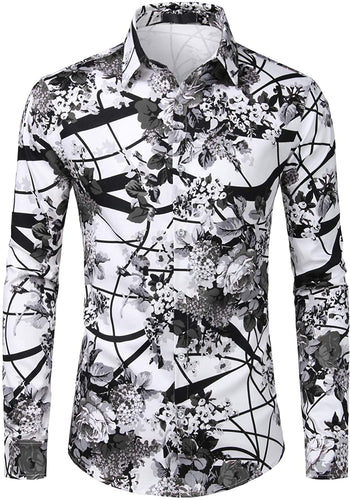 Men's White & Black Floral Slim Fit Long Sleeve Cotton Shirt