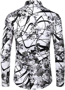 Men's White & Red Floral Slim Fit Long Sleeve Cotton Shirt