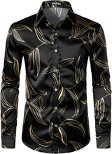 Load image into Gallery viewer, Men&#39;s Luxury Satin Black Printed Long Sleeve Dress Shirt