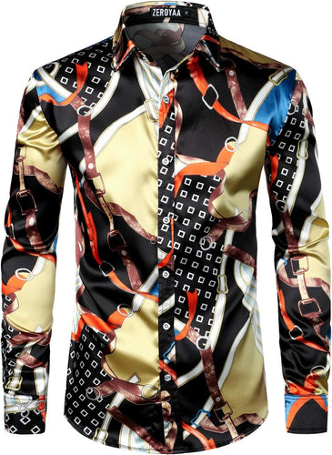 Men's Luxury Satin Champagne Printed Long Sleeve Dress Shirt