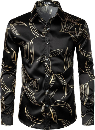 Men's Luxury Satin Black Printed Long Sleeve Dress Shirt