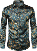 Load image into Gallery viewer, Men&#39;s Luxury Satin Teal Paisley Printed Long Sleeve Dress Shirt