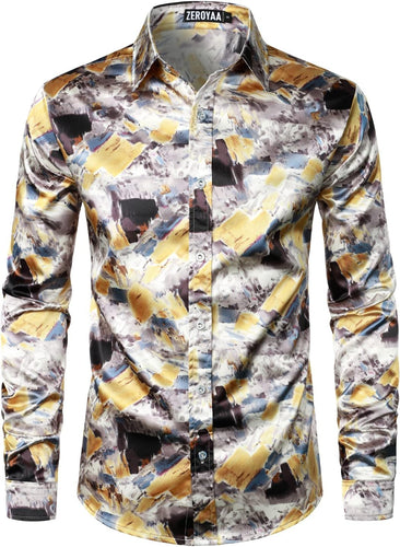 Men's Luxury Satin Paint Stroke Printed Long Sleeve Dress Shirt