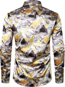 Men's Luxury Satin Paint Stroke Printed Long Sleeve Dress Shirt