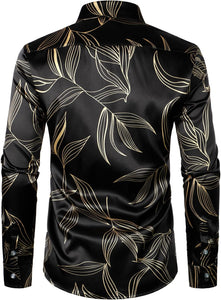 Men's Luxury Satin Black Printed Long Sleeve Dress Shirt