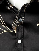 Load image into Gallery viewer, Men&#39;s Luxury Satin Black Printed Long Sleeve Dress Shirt
