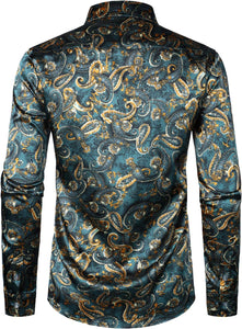 Men's Luxury Satin Teal Paisley Printed Long Sleeve Dress Shirt