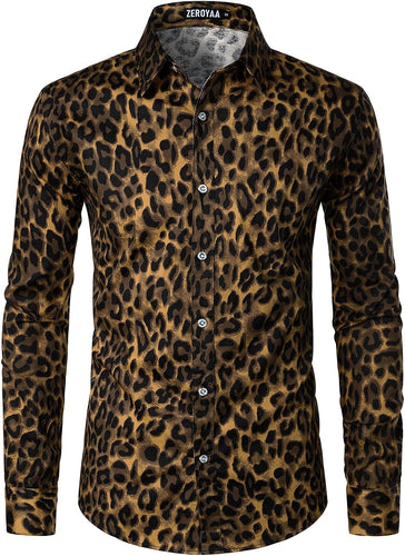 Men's Dark Leopard Printed Button Down Long Sleeve Shirt