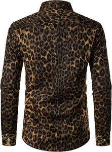 Men's Gold Leopard Printed Button Down Long Sleeve Shirt