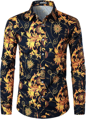 Men's Black/Gold Floral Printed Button Down Long Sleeve Shirt