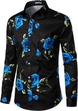 Load image into Gallery viewer, Men&#39;s Black/Blue Floral Printed Button Down Long Sleeve Shirt