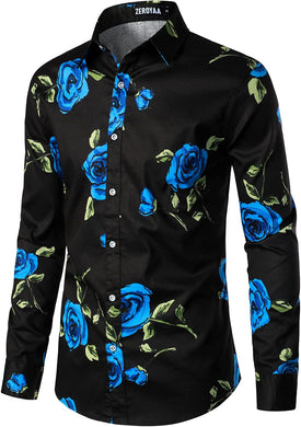 Men's Black/Blue Floral Printed Button Down Long Sleeve Shirt