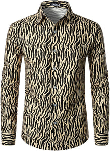Men's Gold Leopard Printed Button Down Long Sleeve Shirt