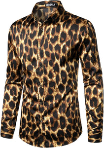 Men's Luxury Satin Printed Brown Leopard Long Sleeve Dress Shirt