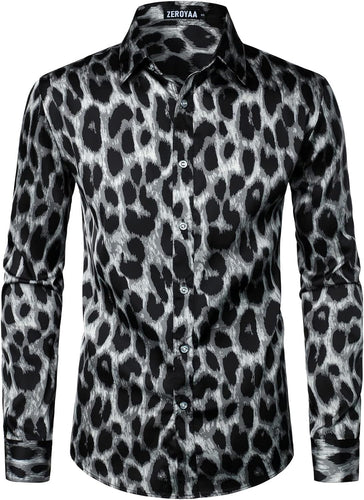 Men's Luxury Satin Printed Black Leopard Long Sleeve Dress Shirt