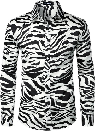 Men's Luxury Satin Printed Zebra Print Long Sleeve Dress Shirt