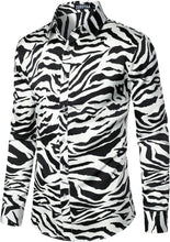 Load image into Gallery viewer, Men&#39;s Luxury Satin Printed Zebra Print Long Sleeve Dress Shirt