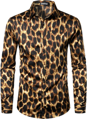 Men's Luxury Satin Printed Brown Leopard Long Sleeve Dress Shirt