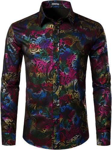 Men's Black Multicolor Paisley Slim Fit Long Sleeve Dress Shirt