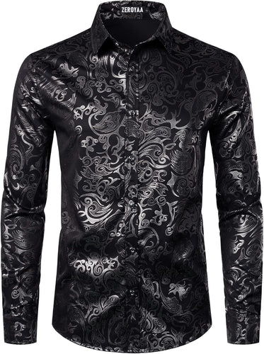 Men's Black Paisley Slim Fit Long Sleeve Dress Shirt