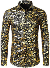 Load image into Gallery viewer, Men&#39;s Gold Black Button Down Long Sleeve Dress Shirt