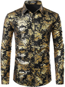 Men's Gold/Black Paisley Button Down Long Sleeve Dress Shirt