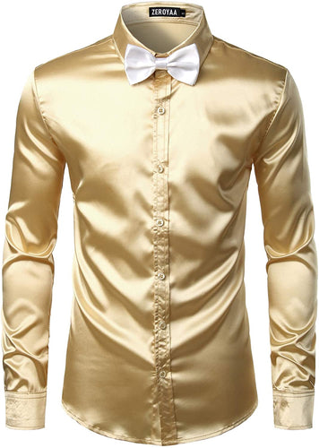 Men's Luxury Gold Silk Long Sleeve Satin Button Up Shirt