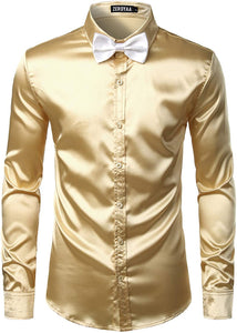 Men's Luxury Silver Silk Long Sleeve Satin Button Up Shirt