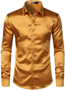 Men's Luxury Teal Silk Long Sleeve Satin Button Up Shirt