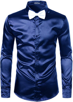 Men's Luxury Navy Silk Long Sleeve Satin Button Up Shirt