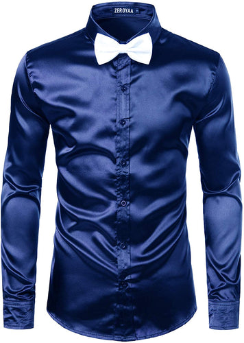 Men's Luxury Navy Silk Long Sleeve Satin Button Up Shirt