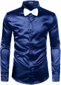 Men's Luxury Navy Silk Long Sleeve Satin Button Up Shirt